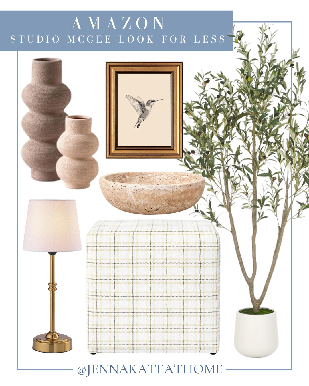 Studio McGee looks for less includes faux teee, ottoman, table lamp, decorative bowl, wall art, and vases.

Looks for less, home decor, home accentss

#LTKSeasonal #LTKvlog #LTKHome