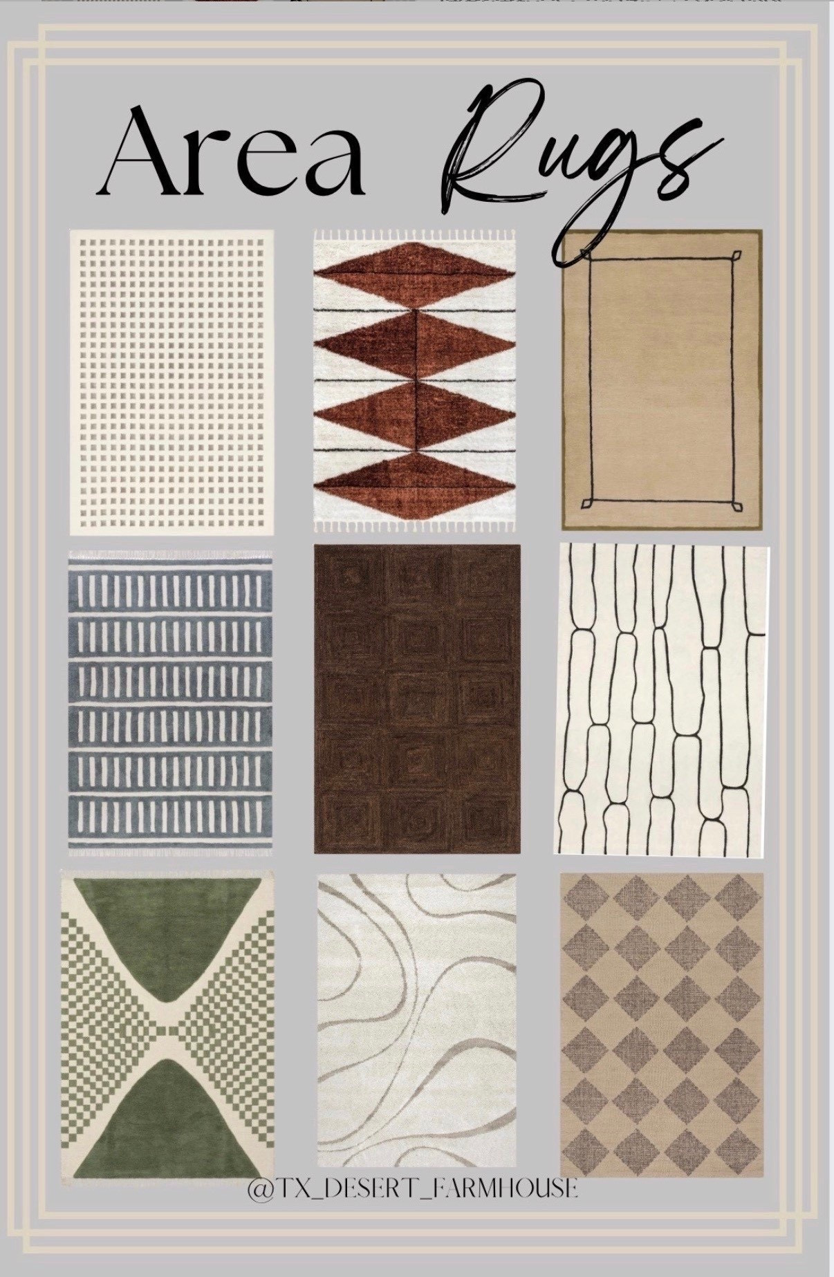 Trendy Area Rugs 

Tova Tufted Diamond Rug
Monda Moroccan Bohemian Hand Woven Rug
Serge Bordered Wool Rug by Nate Berkus
Lambertville Plush Textured Washable Rug
Merrick Tasseled Cotton Rug
Shaggy Curves Rug
Juniper Jute Tiled Rug
Alexia Diamond Tasseled Rug
Nazco Abstract New Zealand Wool Rug | Charcoal

Area rug for living room rug for bedroom guest room rug area rug abstract rug abstract carpet modern design rug for contemporary bedroom design decor art deco rug art design style 

#arearug #rug #carpet #abstracteug #modernarearug #homeinterior #midcenturymodern #contemporaryrug #contemporarystyle 

#LTKvlog #LTKdayinmylife #LTKHome