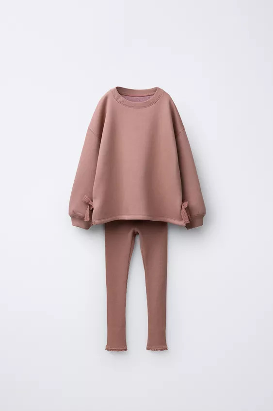 LACE BOW SWEATSHIRT AND WAFFLE LEGGING SET | Zara US