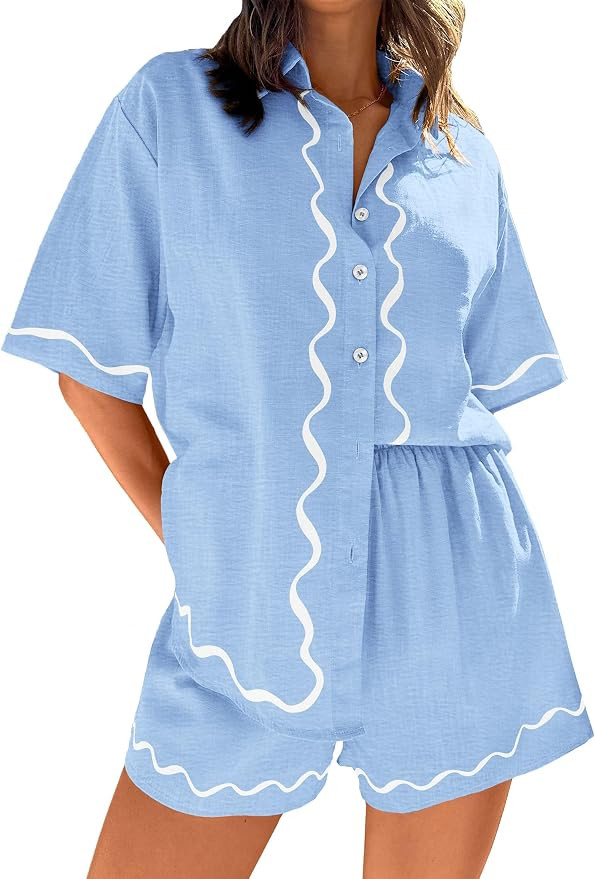 PRETTYGARDEN Women's Casual 2 Piece Outfits Summer Button Down Shirts Tops and Lounge Shorts Paja... | Amazon (US)