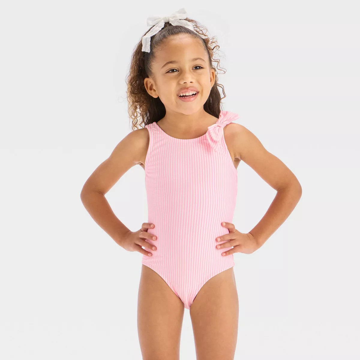 Toddler Girls' Seersucker Striped One Piece Swimsuit With Bow- Cat & Jack™ Pink 3T: UPF 50+, Re... | Target