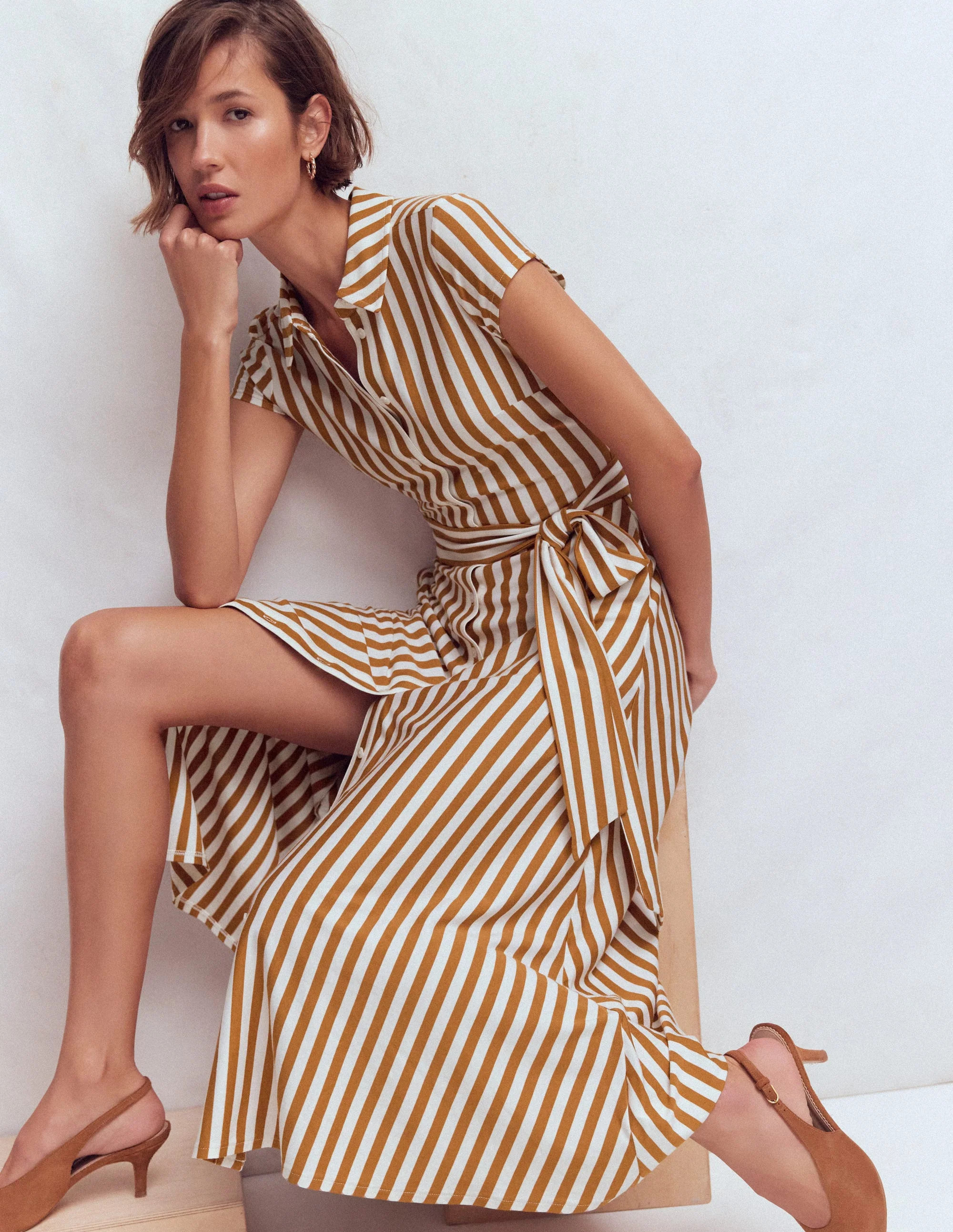 Marcia Jersey Shirt Dress-Cognac, Ivory Stripe | Boden (US)