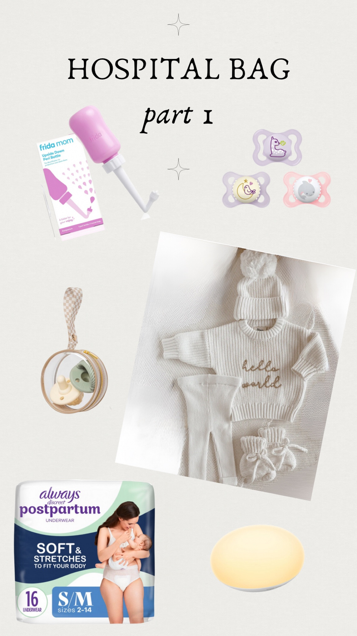 Just a few essentials making their way into my hospital bag! 🍼👶 From the cutest baby outfit for those first pics to postpartum must-haves like a peri bottle and undies, I’m feeling ready for the big day. Plus, can’t forget the pacifiers and night light for those late-night feeds. 💤💖 #HospitalBagEssentials #LaborPrep #PostpartumMustHaves #NewMomJourney #BabyReady 

#LTKBaby #LTKBump