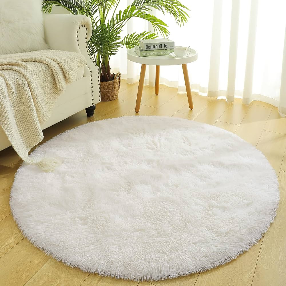 Chicrug Fluffy Cute White Round Area Rugs for Girls Bedroom, 4x4 Feet Shaggy Circle Area Rug for ... | Amazon (US)