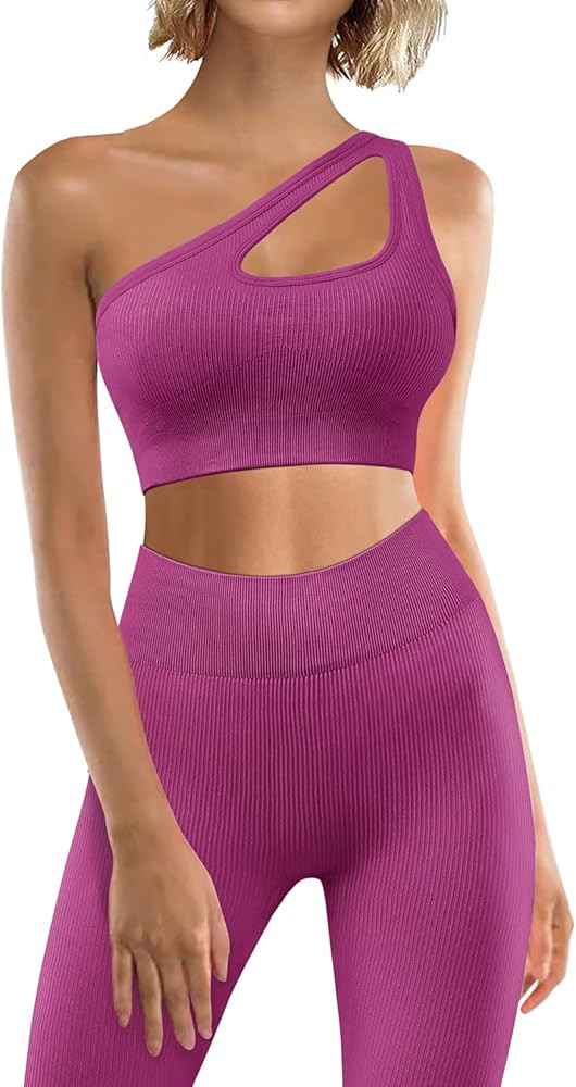 JZC Workout Outfits for Women 2 Piece Ribbed Seamless Yoga Leggings Exercise Sets | Amazon (US)