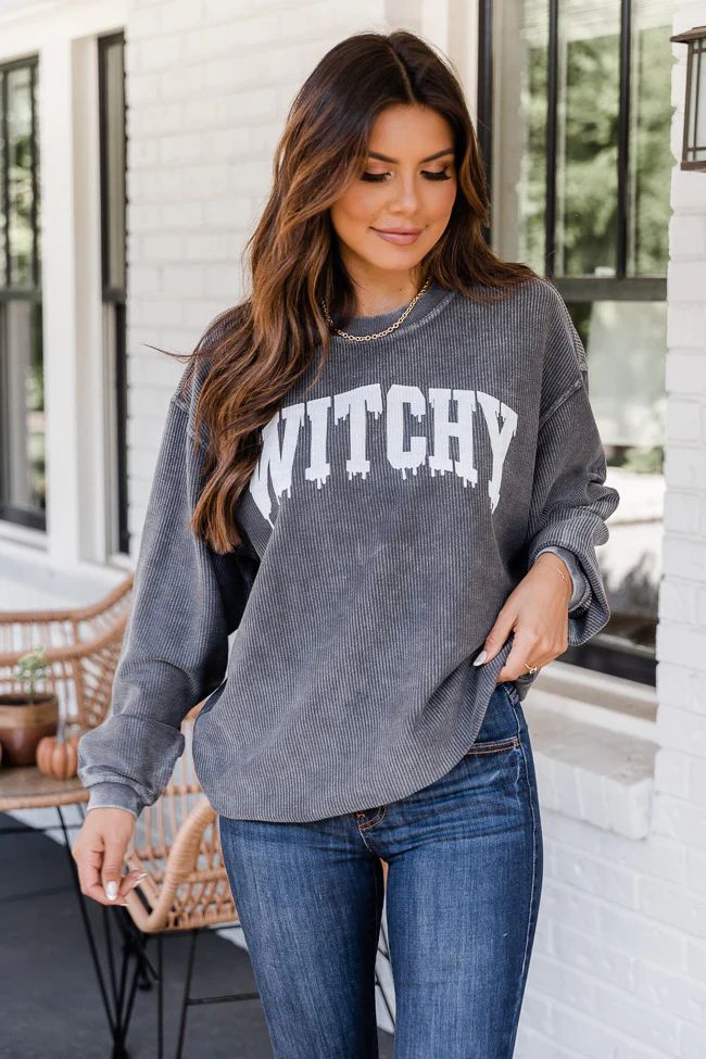 Witchy Varsity Charcoal Corded Graphic Sweatshirt | The Pink Lily Boutique