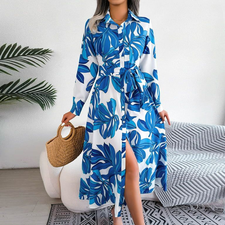 Finelylove Fitted Dress Graduation Dresses V-Neck Printed Long Sleeve Wrap Blue | Walmart (US)