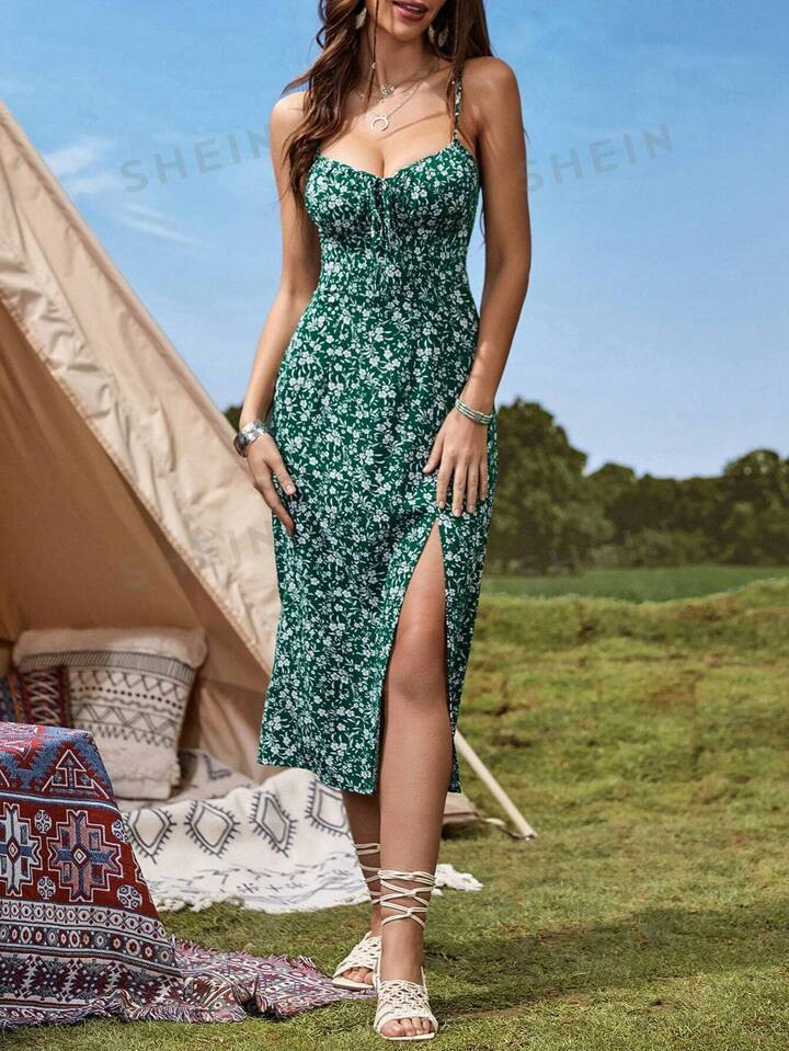 SHEIN VCAY Ditsy Floral Print Split Thigh Cami Dress | SHEIN
