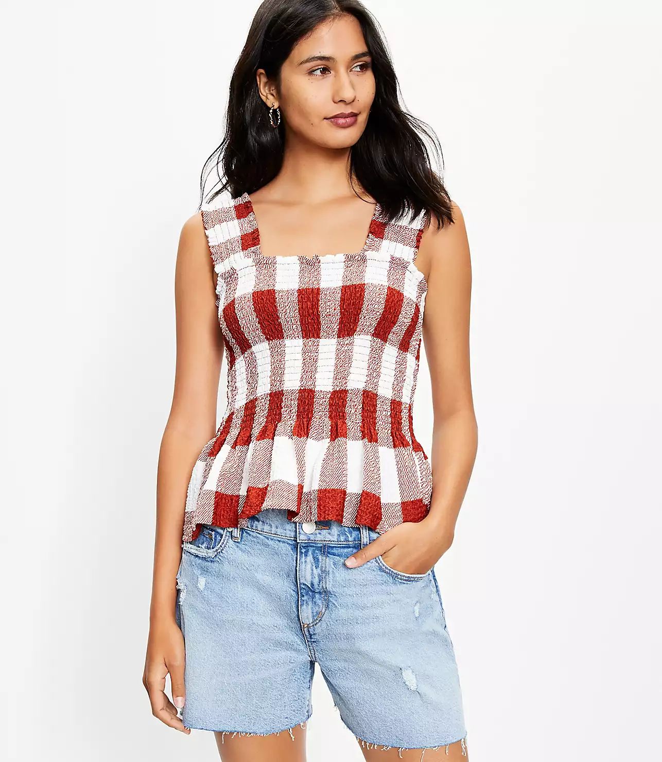 Gingham Smocked Peplum Tank Top | LOFT