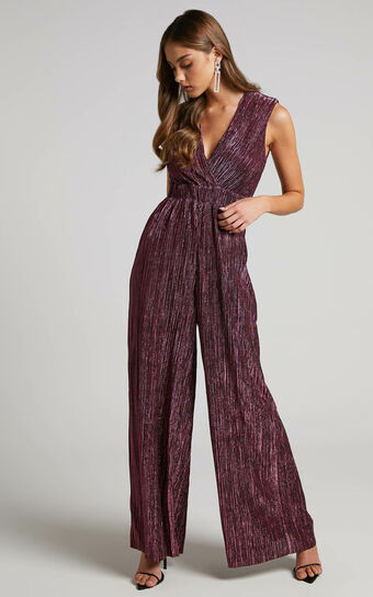 Roellah Jumpsuit - Lurex Plisse Sleeveless Palazzo Jumpsuit in Plum | Showpo (US, UK & Europe)