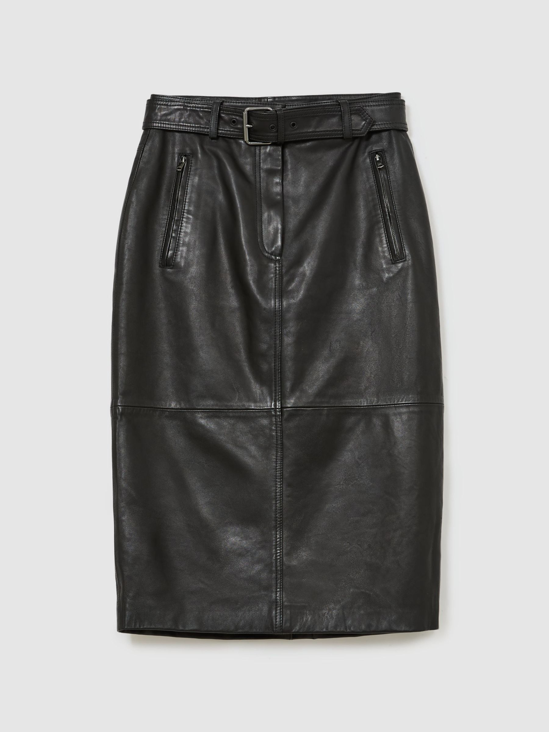Reiss Leather Belted Midi Pencil Skirt in Black - REISS | Reiss UK