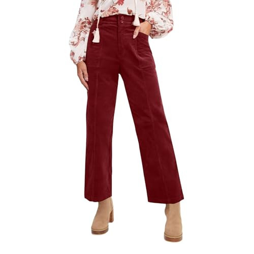 Womens Corduroy Pants Comfy Work Wide Leg Pants Ladies Loose High Waisted Pull On Office Trousers with Pockets Suede Elastic Waist Trendy Suede Teacher Pant Business Casual Pantalones para Mujer Red | Amazon (US)