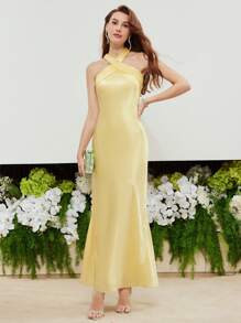 MOTF PREMIUM SILK SOLID CRISSCROSS HALTER DRESS | SHEIN