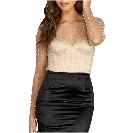 VOESLSOO Women s Pearl Mesh Sheer Crop Top Beaded Rhinestone See Through Mesh Long Sleeve Blouse Emb | Walmart (US)