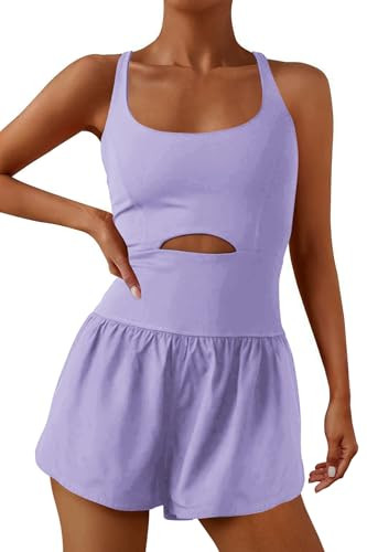 ReachMe Womens Running Onesie Workout Rompers One Piece Work out Outfits Athletic Romper Jumpsuits(Lavender,XS) | Amazon (US)