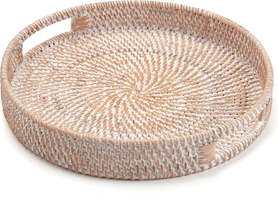Round Rattan Serving Tray Decorative Woven Ottoman Trays with Handles for Coffee Table White (Sma... | Amazon (US)
