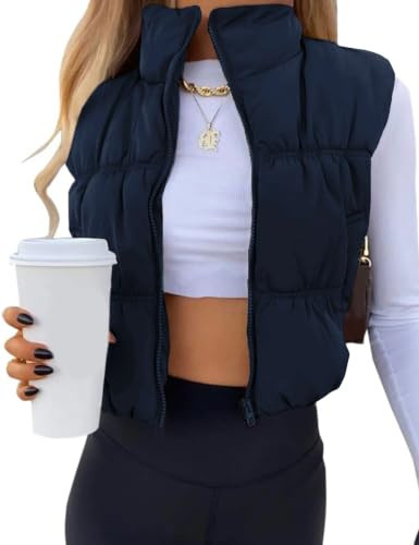 UANEO Womens Cropped Puffer Vest Zip Up Stand Collar Sleeveless Padded Cropped Vest (Navy-S) | Amazon (US)