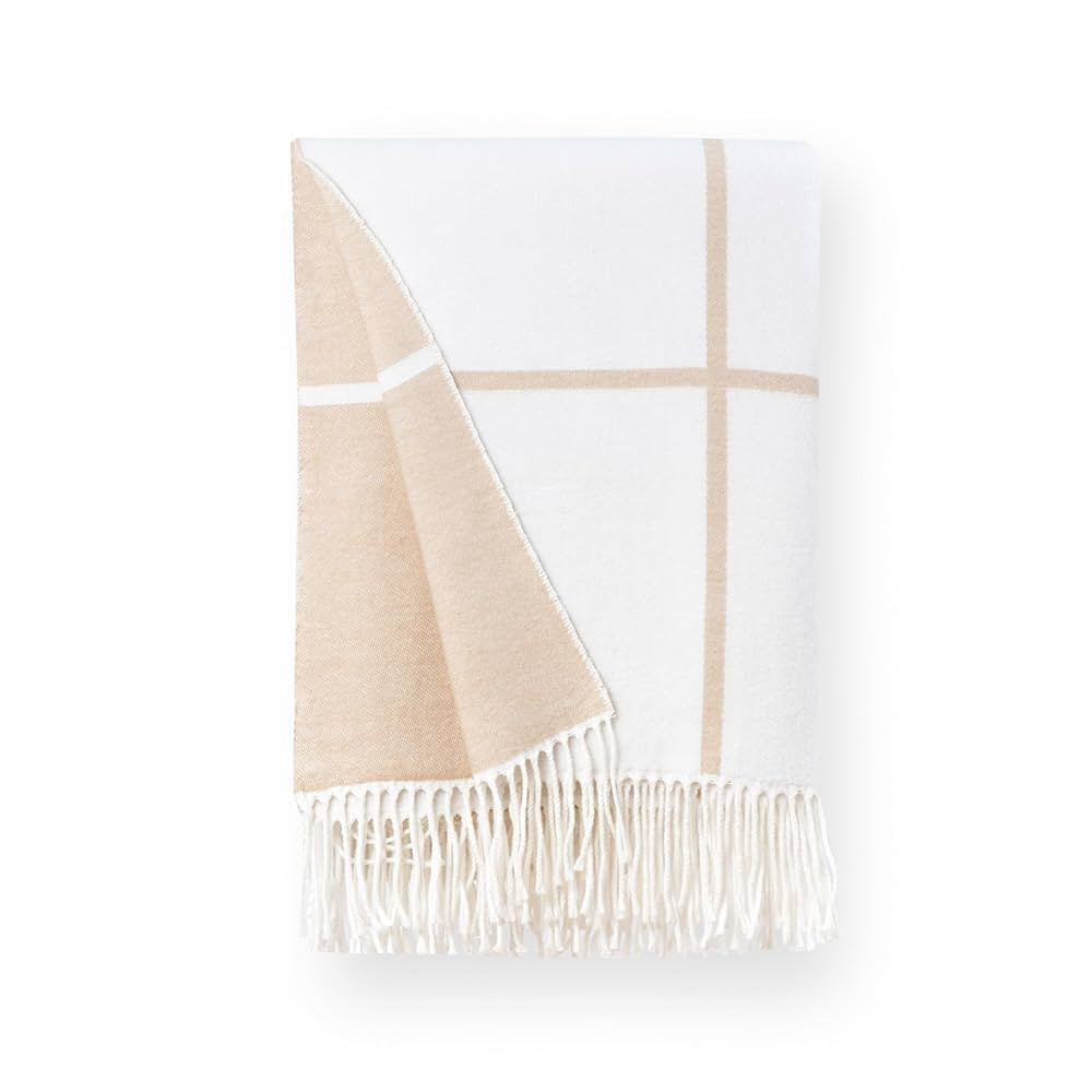 Hofdeco Premium Coastal Decorative Throw Blanket for Patio Couch Sofa, Neutral Tan Plaid with Fri... | Amazon (US)