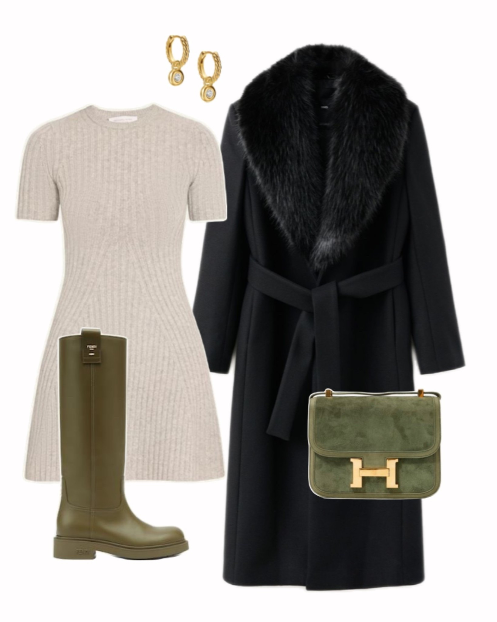Long black coat, fur trim coat, basic winter outfit, fendi knee high boots, olive green boots, knit dress, casual outfit 

#LTKSeasonal