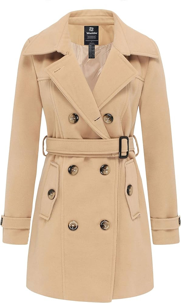 Wantdo Women's Double Breasted Pea Coat Winter Mid-Long Trench Coat with Belt | Amazon (US)