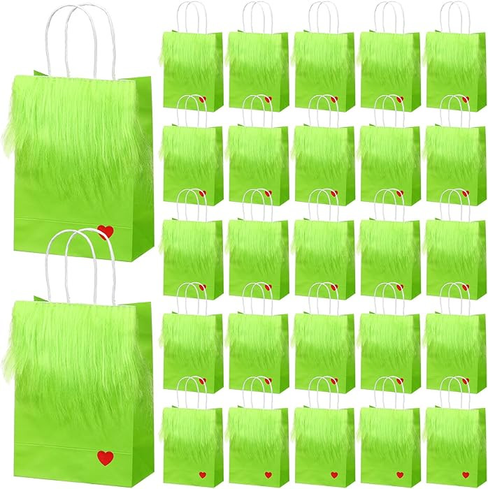 Yexiya 30 Pcs Christmas Lime Green Furry Gift Bags with Handle Christmas Theme Favor Goody Paper ... | Amazon (US)
