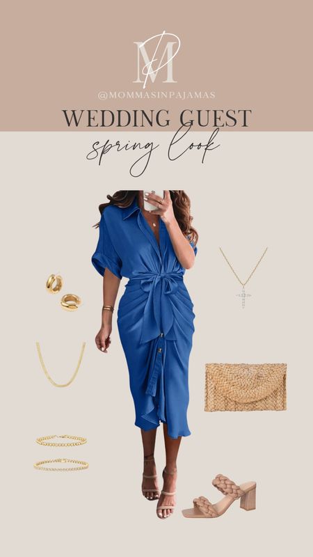 Blue short sleeve midi dress (Small): fully functioning buttons (show as much up top as you'd like!) and you can wear a regular bra (and not worry about a strapless!). Has a stretchy band and tie waist. It comes in tons of other colors too including neutrals. Amazon dresses, wedding guest dresses, Easter dresses, spring dresses

#LTKstyletip #LTKSeasonal #LTKwedding