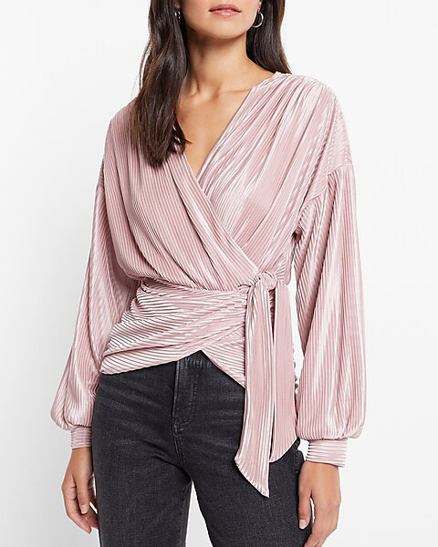 Metallic Foil Pleated Wrap Tie Waist Top | Express