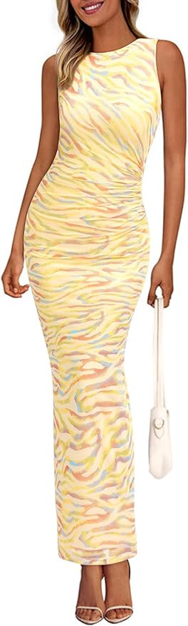 PRETTYGARDEN Womens Summer Wedding Guest Dress 2026 Spring Mesh Sleeveless Bodycon Ruched Floral ... | Amazon (US)