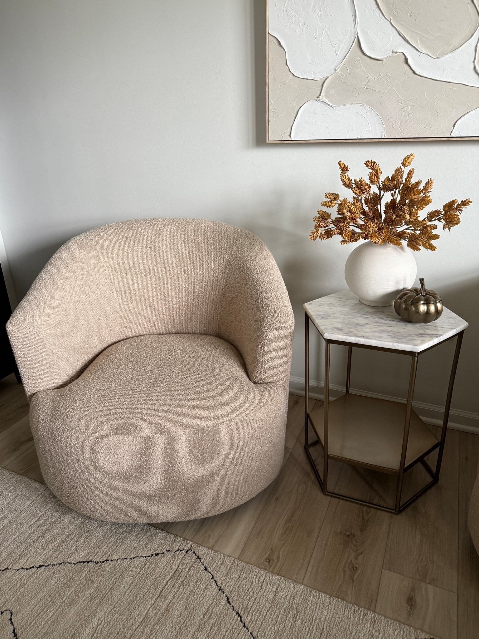 Slowly adding in fall decor! This swivel chair from Walmart is amazing! It comes fully assembled and is so comfy. This is the taupe color.
I have one bundle of the stems in the vase.

#LTKHome