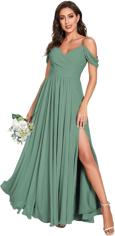 YMSHA Women's V Neck Off Shoulder Bridesmaid Dresses with Slit Chiffon Pleated Formal Gowns with ... | Amazon (US)