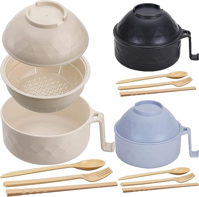 NDSWKR Set of 3 Ramen Cooker with Chopsticks, Instant Noodle Bowl with Handle, Rapid Ramen Cooker... | Amazon (US)