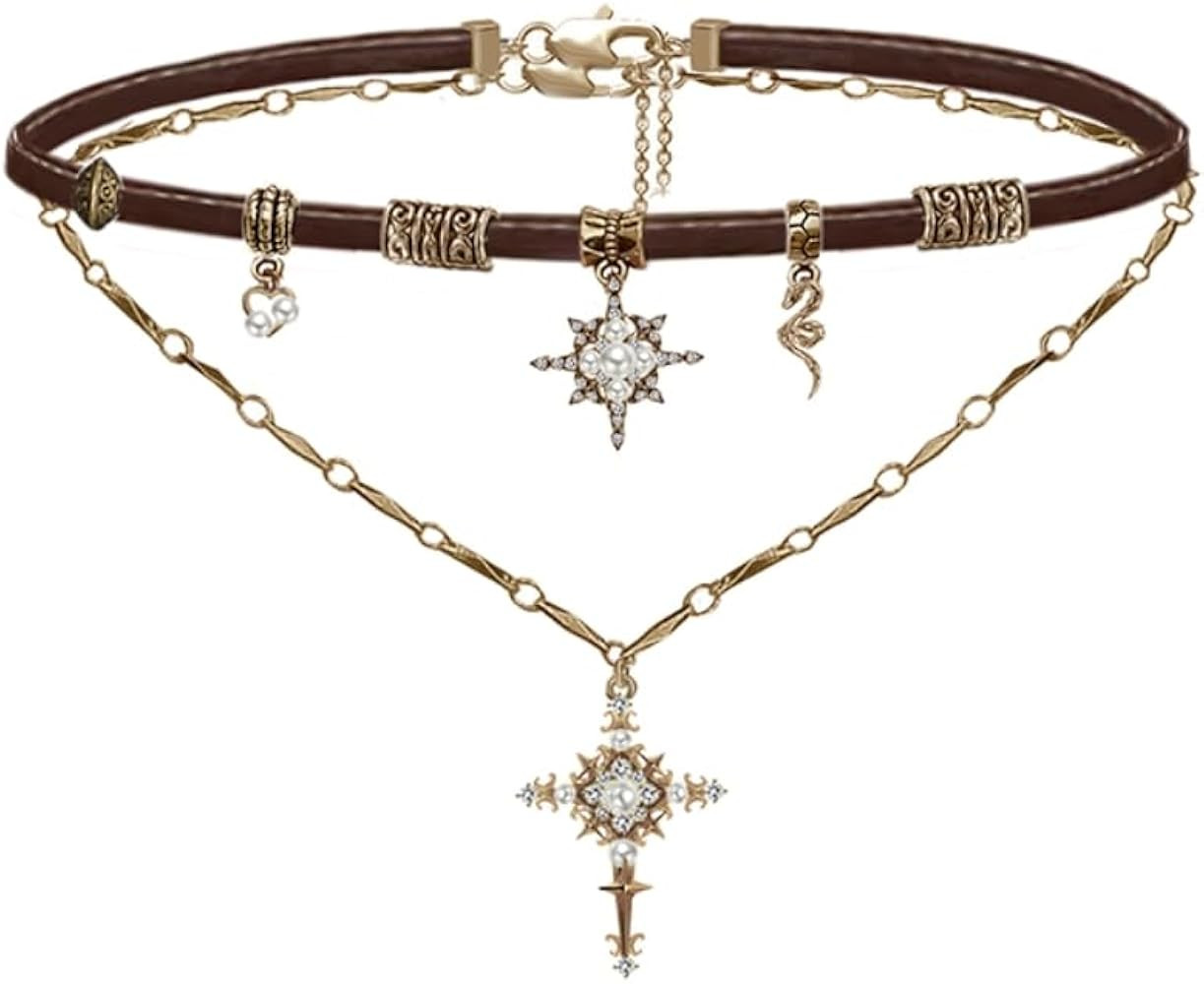 Retro stylish Star Cross Pendant Necklace Faux Leather Women's Collar Personalized Double Layer N... | Amazon (US)