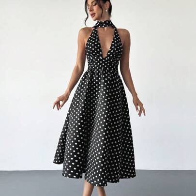 Women's Vintage French Style Polka Dot V-Neck Backless Cinched Waist High Waist Midi Dress, Suitable For Valentine's Day, Concerts, Performances, Date | SHEIN