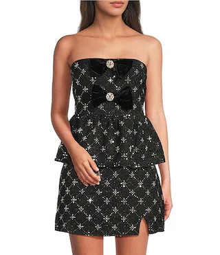 Sugarlips Whitney Embellished Tweed Virelia Velvet Bow Strapless Coordinating Peplum Top | Dillar... | Dillard's