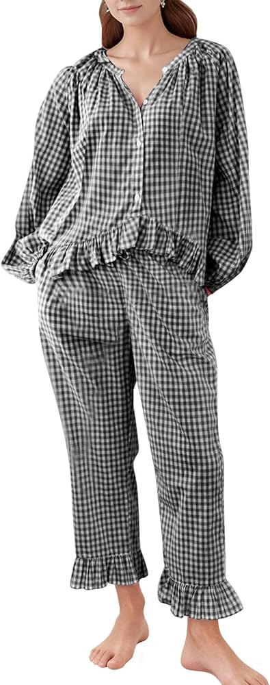 COZYPOIN Womens Plaid 2 Piece Pajamas Sets Cotton Gingham Puff Long Sleeve Babydoll Shirt Ruffle ... | Amazon (US)