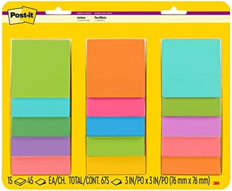Post-it Super Sticky Notes, 3x3 in, 15 Pads, 2x the Sticking Power, Assorted Bright Colors, Recyc... | Amazon (US)