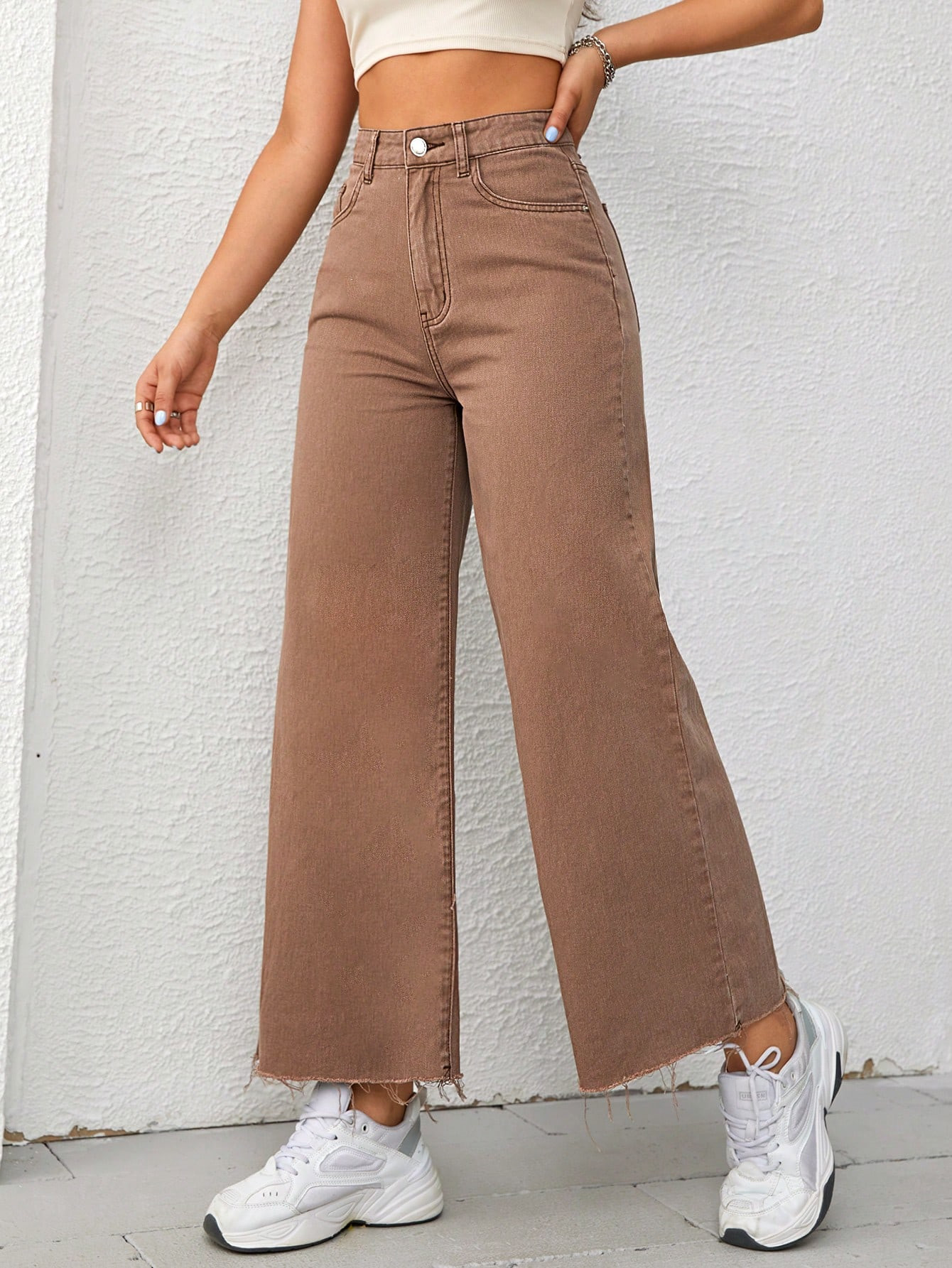 Solid Raw Hem Wide Leg Jeans | SHEIN