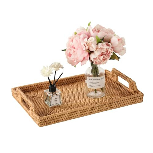 14.5'' Rattan Serving Tray Rectangle with Handles, Vintage Wicker Tray for Decor, Boho Seagrass Coffee Table Basket, Hand Woven Decorative Table Tray for Kitchen, Breakfast, Bathroom, Outdoor | Amazon (US)