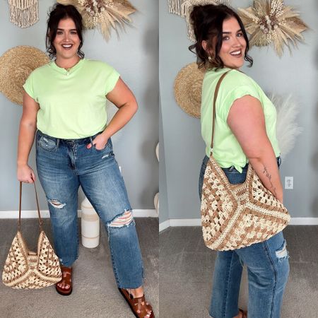 Easy on the go casual Summer outfit inspo 💚☀️ Extended cap sleeve light green top (only $10!) curvy stretch denim jeans, sandals, straw tote bag
Top: XL
Jeans: 14 plus 

#LTKPlusSize #LTKMidsize #LTKStyleTip