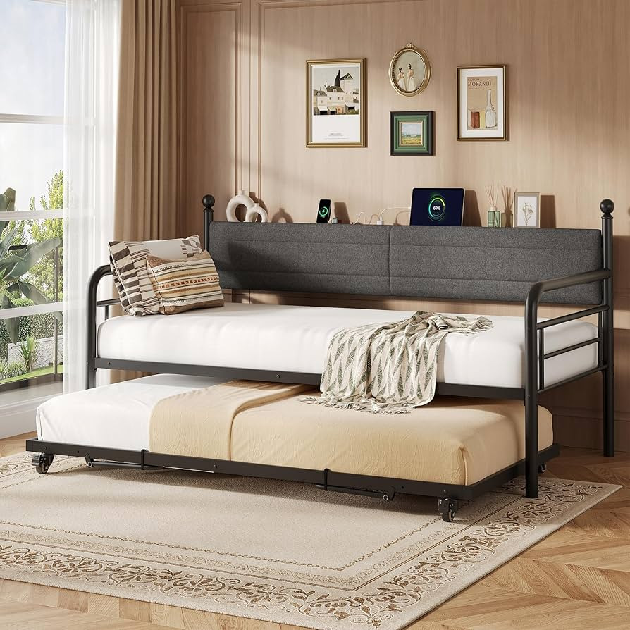 Daybed with Trundle, Metal Twin Bed Frame with Upholstered Headboard & Charging Station, Modern S... | Amazon (US)
