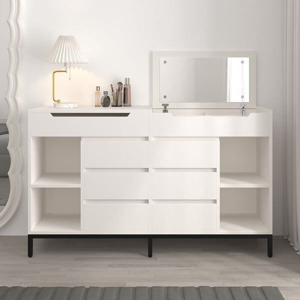 8 Drawer 59" Modern White Double Dresser Wide Cabinet with Flip-Top Mirror & Shelves | Homary