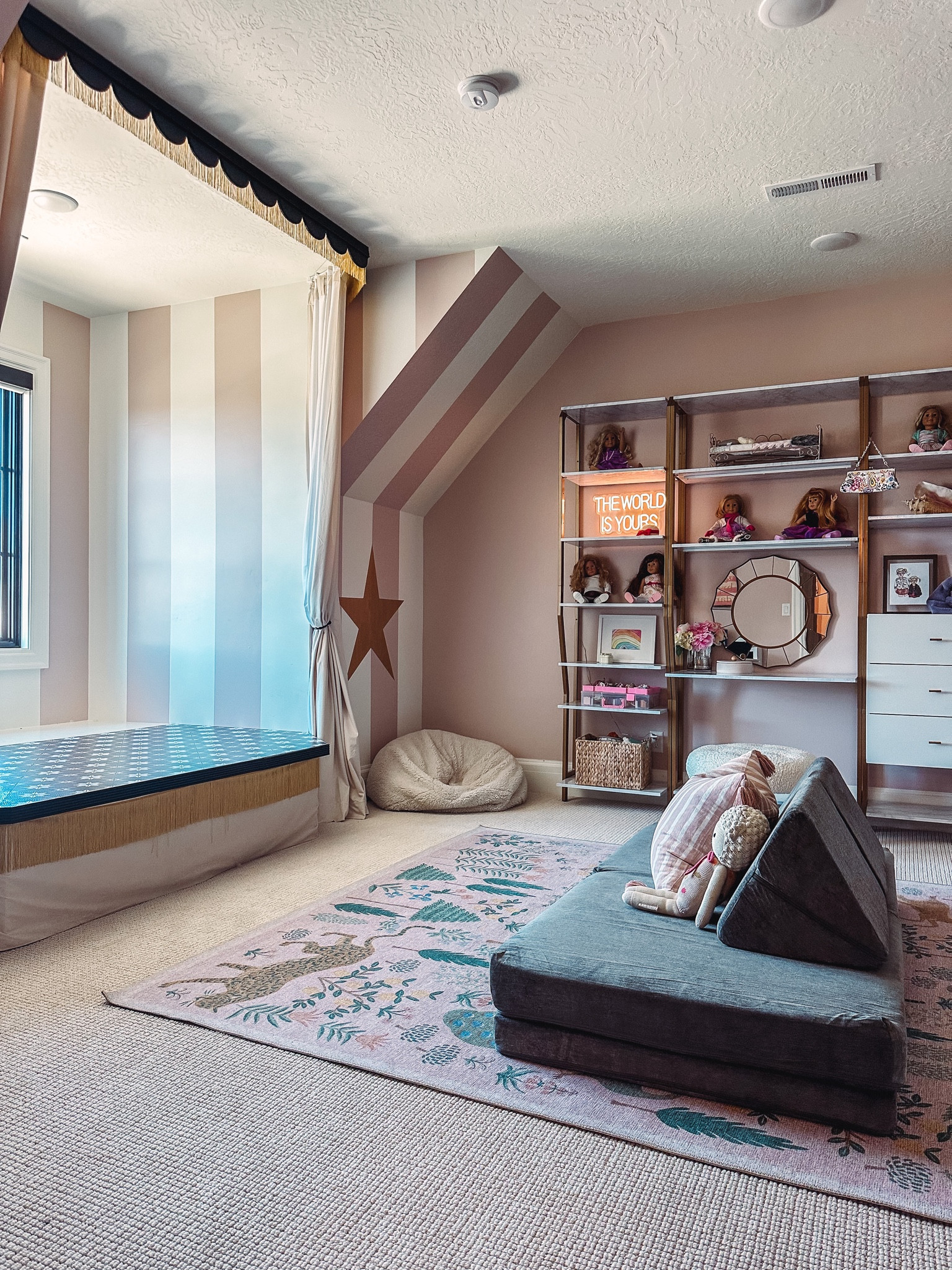 Playroom remodel all done! 
Printed whimsical rug (more colors)
Kids sofa 
Wall wardrobe units
Wall color: abalone shell sw
