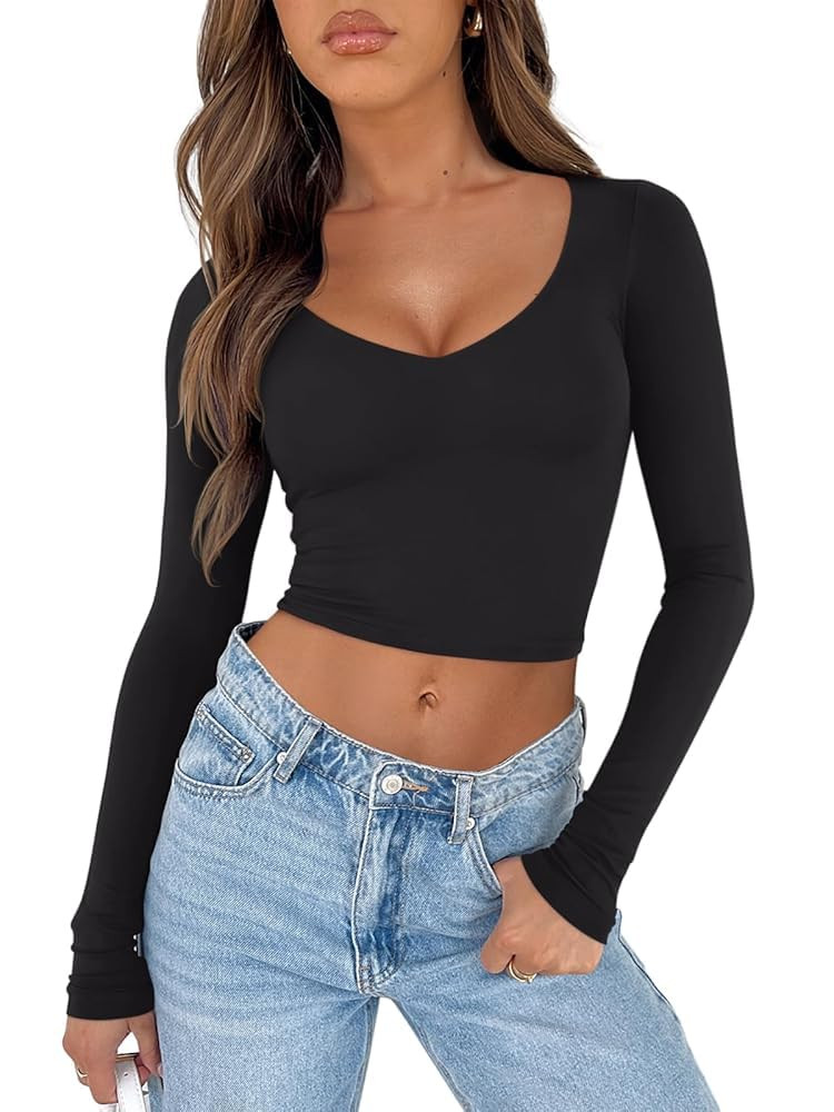 REORIA Women's V Neck Long Sleeve Slim Fitted Crop Tops Soft Layering Basic Shirt 2024 Fall Going... | Amazon (US)