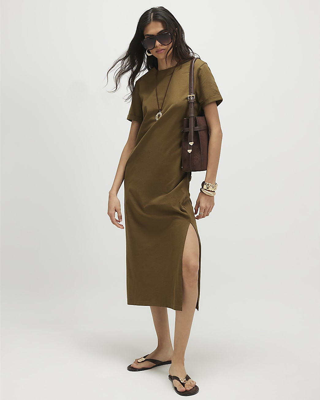 Khaki Cotton T-Shirt Midi Dress | River Island UK & IE