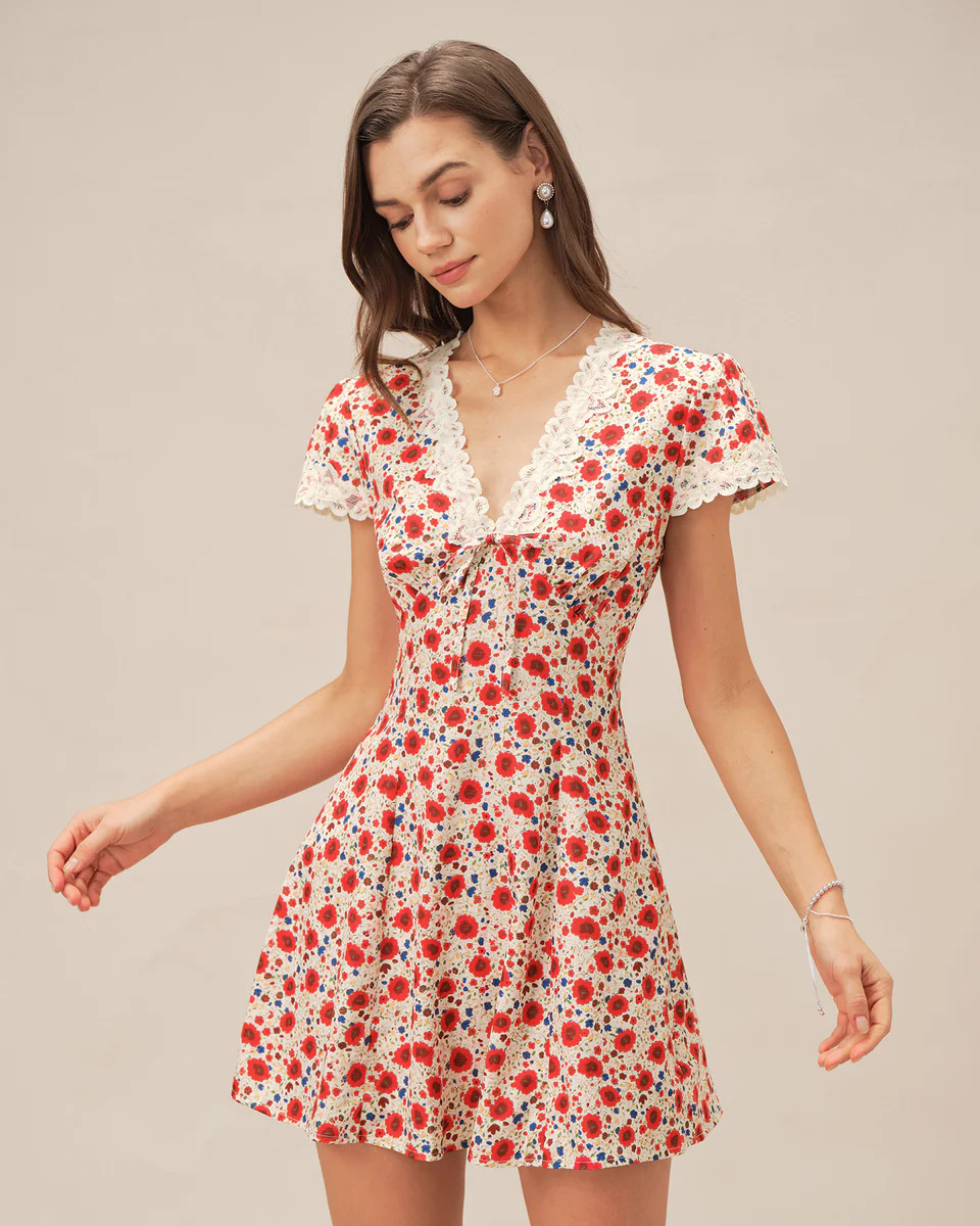 Red V Neck Floral Lace Mini Dress | rihoas.com