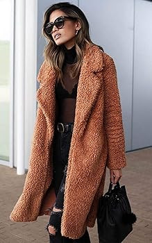 Angashion Women's Fuzzy Fleece Lapel Open Front Long Cardigan Coat Faux Fur Warm Winter Outwear J... | Amazon (US)