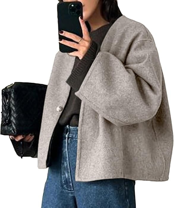 HOTIAN Women's V-Neck Wool Blend Short Coat Long Sleeve Cropped Jacket Fall Winter Peacoat Casual Pea Trench Coats Apricot | Amazon (US)