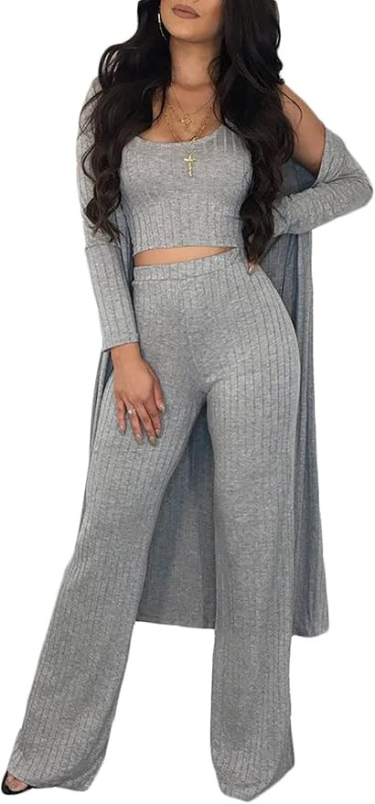 LKOUS 3 Piece Suit for Women's Solid Long Sleeve Open Front Long Coat and Crop Tank Top with Legg... | Amazon (US)
