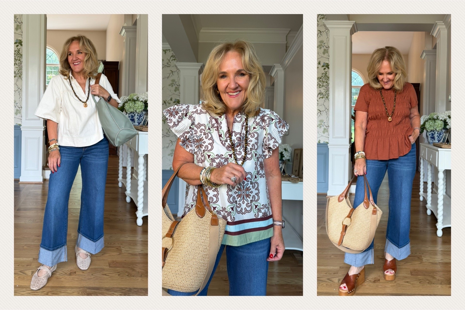 New tops from Belk! And a super cute pair of jeans. Wear now and on in to fall 
Jeans size 8
Ecru denim top size medium 
Printed top small
Smocked top large (I don’t like that smocking tight)

#LTKOver40 #LTKSaleAlert #LTKPetite