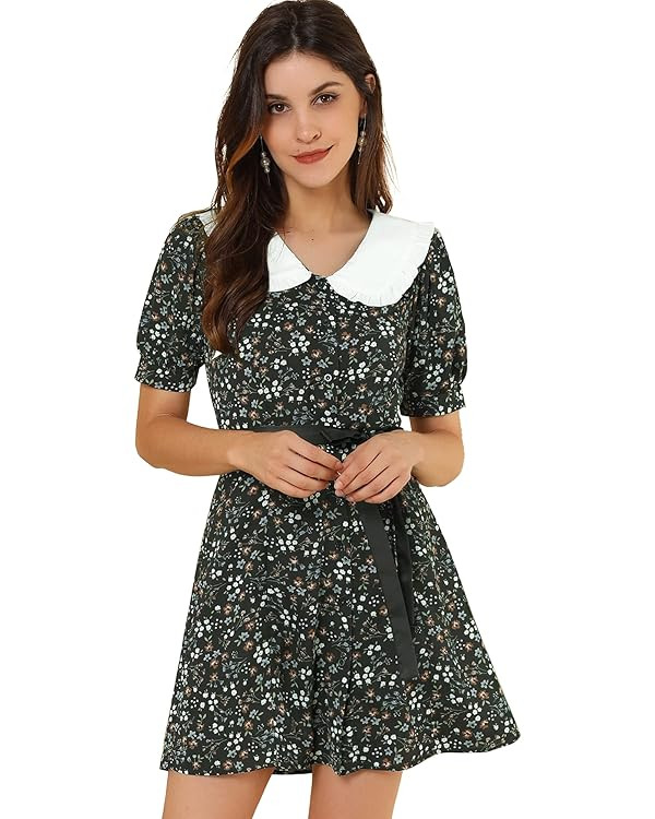 Allegra K Women's Peter Pan Collar Dress 2024 Floral Printed Button Bow Tie Short Sleeve Shirt Dr... | Amazon (US)